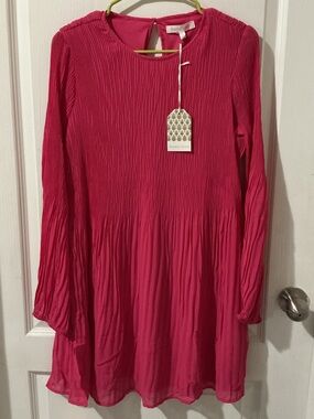 Pleated Long-Sleeve Tunic Dress in Hot Pink - Beyond Words